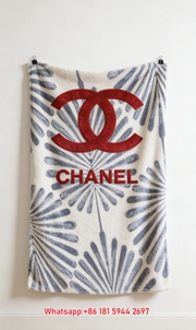 Chanel Red CC Logo Blue Palm Leaf Flannel Throw Blanket IMG_7082